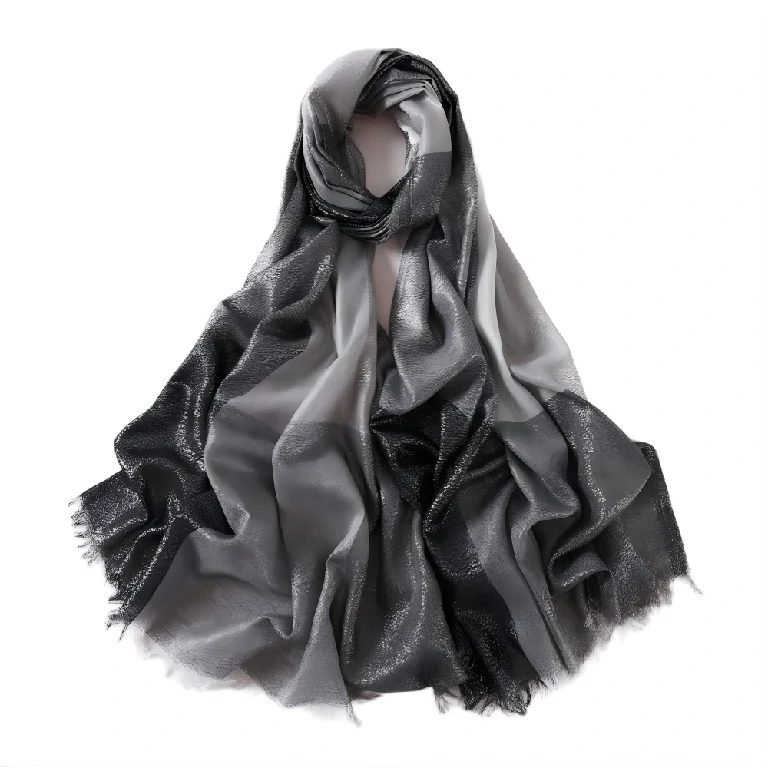 Wholesale Women's Metallic Ombre Plaid Hijab Scarf with Fringe Soft Lightweight Shawl Wrap