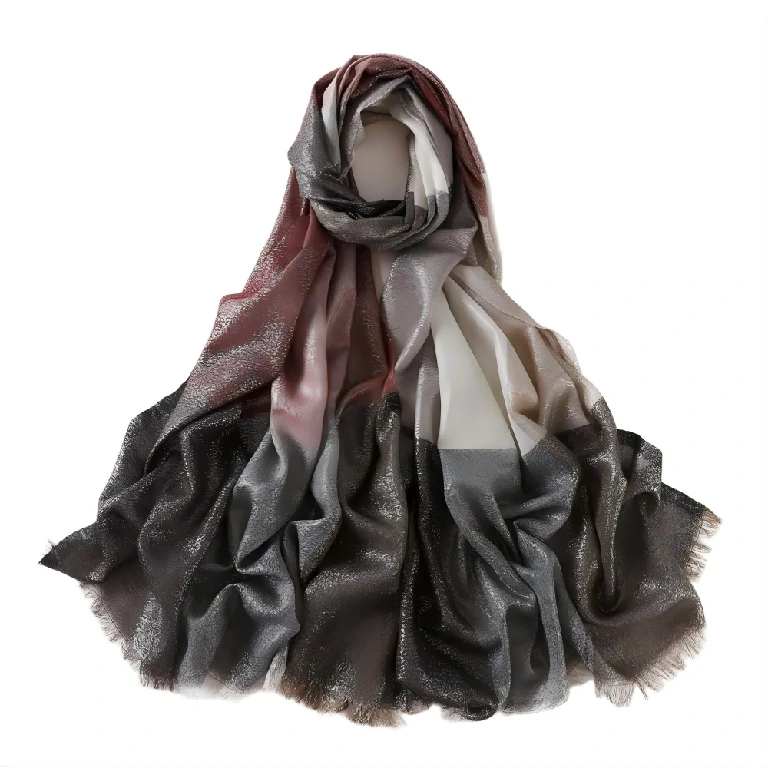 Wholesale Women's Metallic Ombre Plaid Hijab Scarf with Fringe Soft Lightweight Shawl Wrap