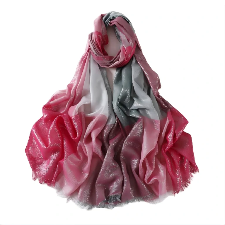Wholesale Women's Metallic Ombre Plaid Hijab Scarf with Fringe Soft Lightweight Shawl Wrap
