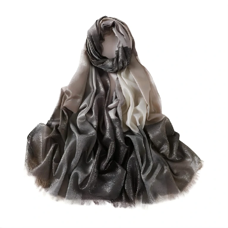 Wholesale Women's Metallic Ombre Plaid Hijab Scarf with Fringe Soft Lightweight Shawl Wrap