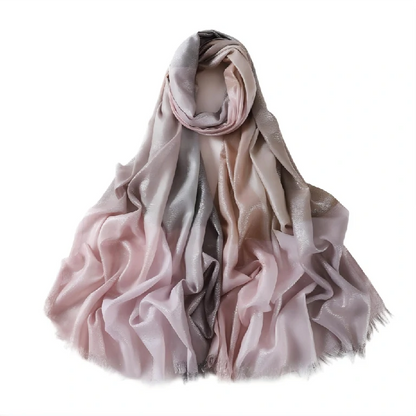 Wholesale Women's Metallic Ombre Plaid Hijab Scarf with Fringe Soft Lightweight Shawl Wrap