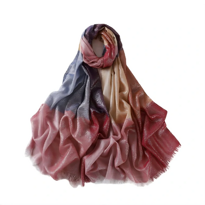 Wholesale Women's Metallic Ombre Plaid Hijab Scarf with Fringe Soft Lightweight Shawl Wrap