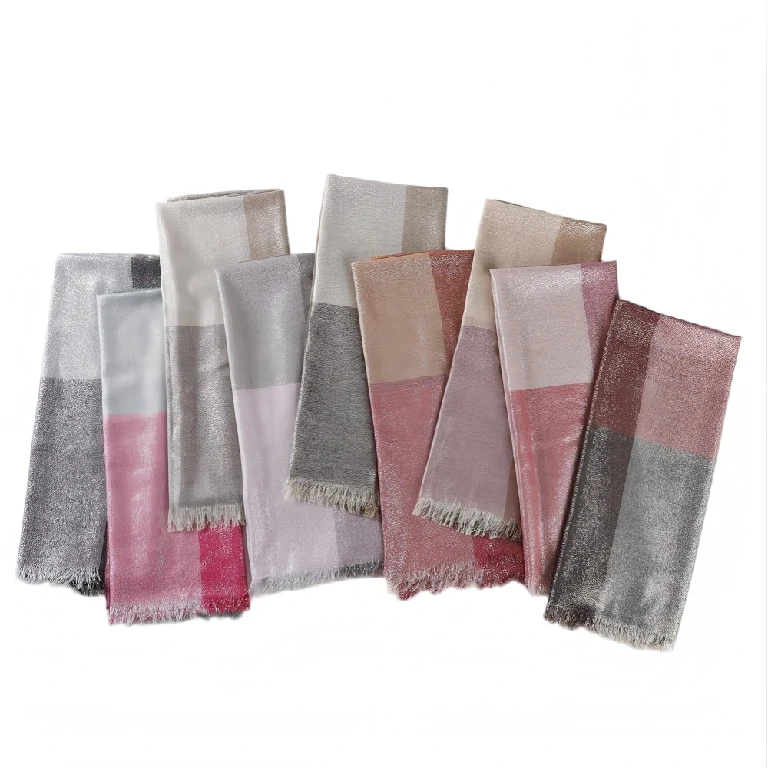 Wholesale Women's Metallic Ombre Plaid Hijab Scarf with Fringe Soft Lightweight Shawl Wrap