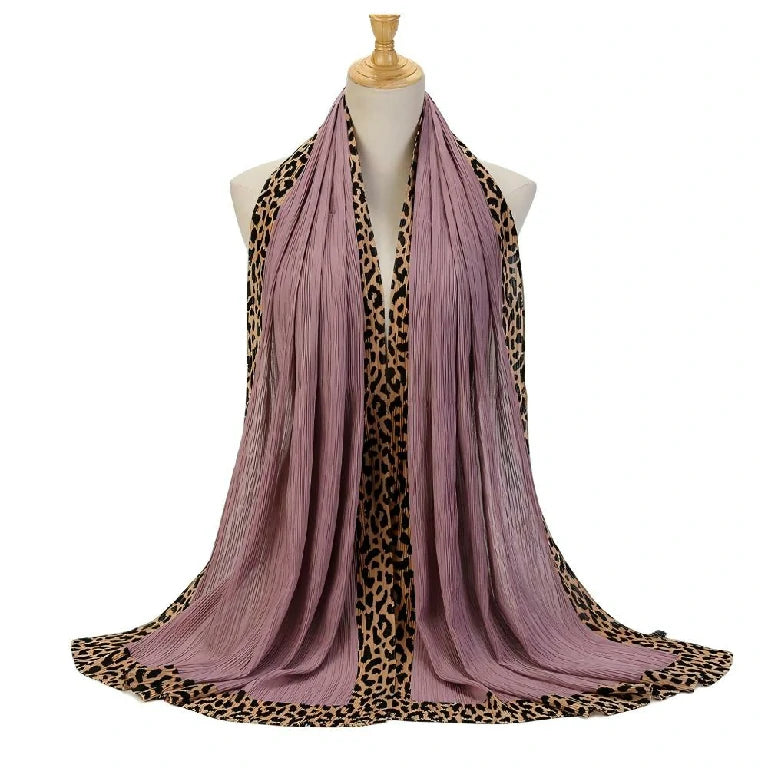 Wholesale Women's Pleated Leopard Print Border Chiffon Scarf Shawl Wrap