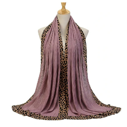 Wholesale Women's Pleated Leopard Print Border Chiffon Scarf Shawl Wrap