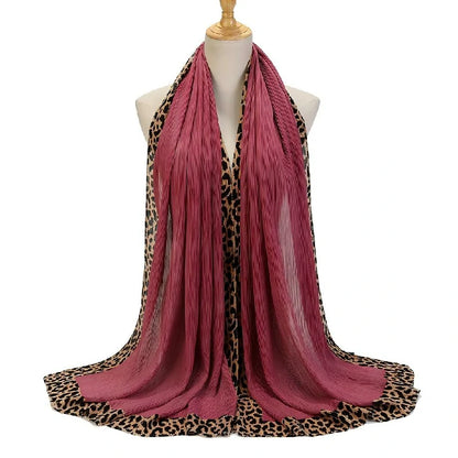 Wholesale Women's Pleated Leopard Print Border Chiffon Scarf Shawl Wrap