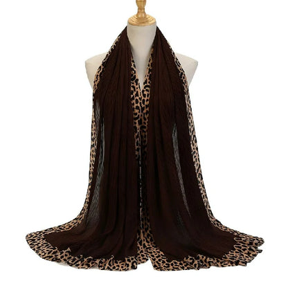 Wholesale Women's Pleated Leopard Print Border Chiffon Scarf Shawl Wrap