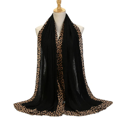 Wholesale Women's Pleated Leopard Print Border Chiffon Scarf Shawl Wrap