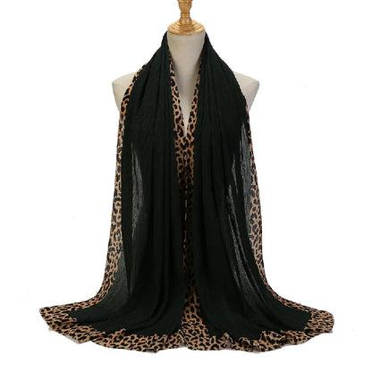 Wholesale Women's Pleated Leopard Print Border Chiffon Scarf Shawl Wrap
