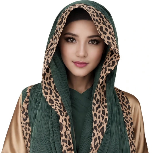 Wholesale Women's Pleated Leopard Print Border Chiffon Scarf Shawl Wrap