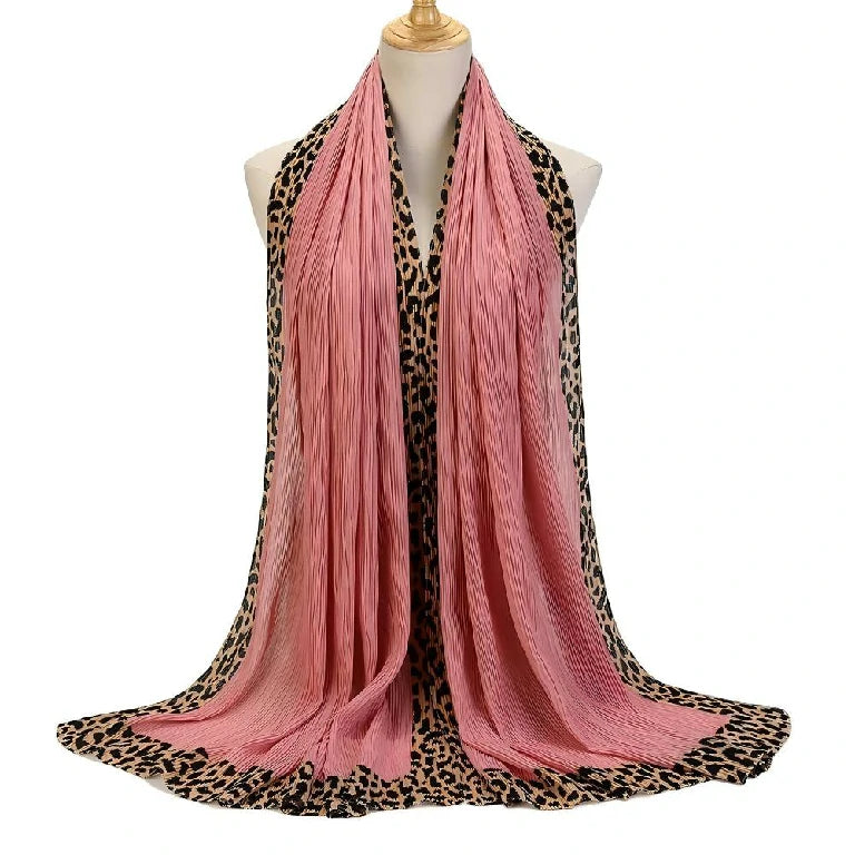 Wholesale Women's Pleated Leopard Print Border Chiffon Scarf Shawl Wrap