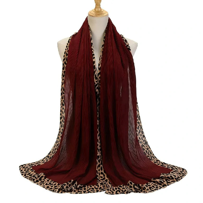 Wholesale Women's Pleated Leopard Print Border Chiffon Scarf Shawl Wrap
