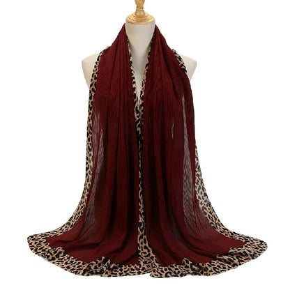 Wholesale Women's Pleated Leopard Print Border Chiffon Scarf Shawl Wrap