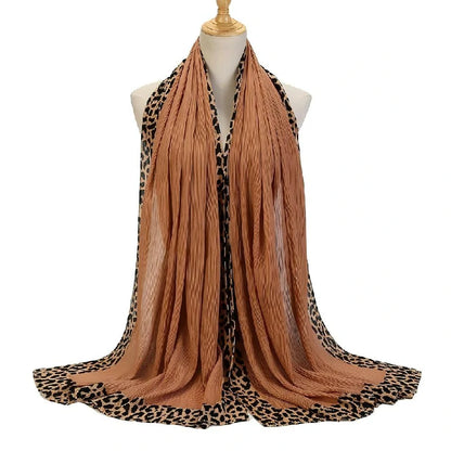 Wholesale Women's Pleated Leopard Print Border Chiffon Scarf Shawl Wrap