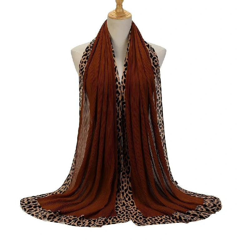 Wholesale Women's Pleated Leopard Print Border Chiffon Scarf Shawl Wrap