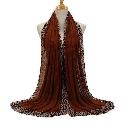 Wholesale Women's Pleated Leopard Print Border Chiffon Scarf Shawl Wrap