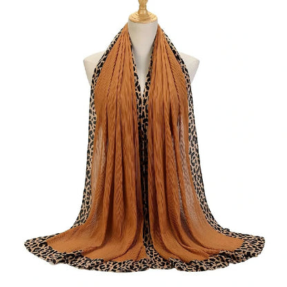 Wholesale Women's Pleated Leopard Print Border Chiffon Scarf Shawl Wrap