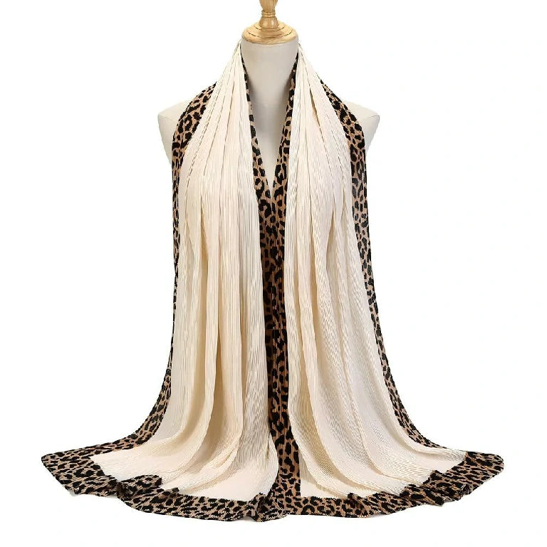 Wholesale Women's Pleated Leopard Print Border Chiffon Scarf Shawl Wrap