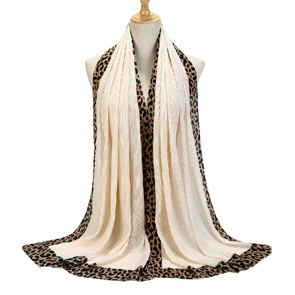 Wholesale Women's Pleated Leopard Print Border Chiffon Scarf Shawl Wrap