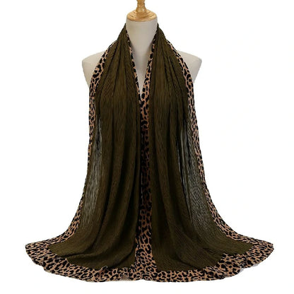 Wholesale Women's Pleated Leopard Print Border Chiffon Scarf Shawl Wrap