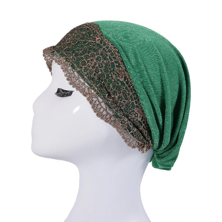Wholesale Women's Stretchy Lace Trim Turban Hat with Gold Metallic Floral Lace