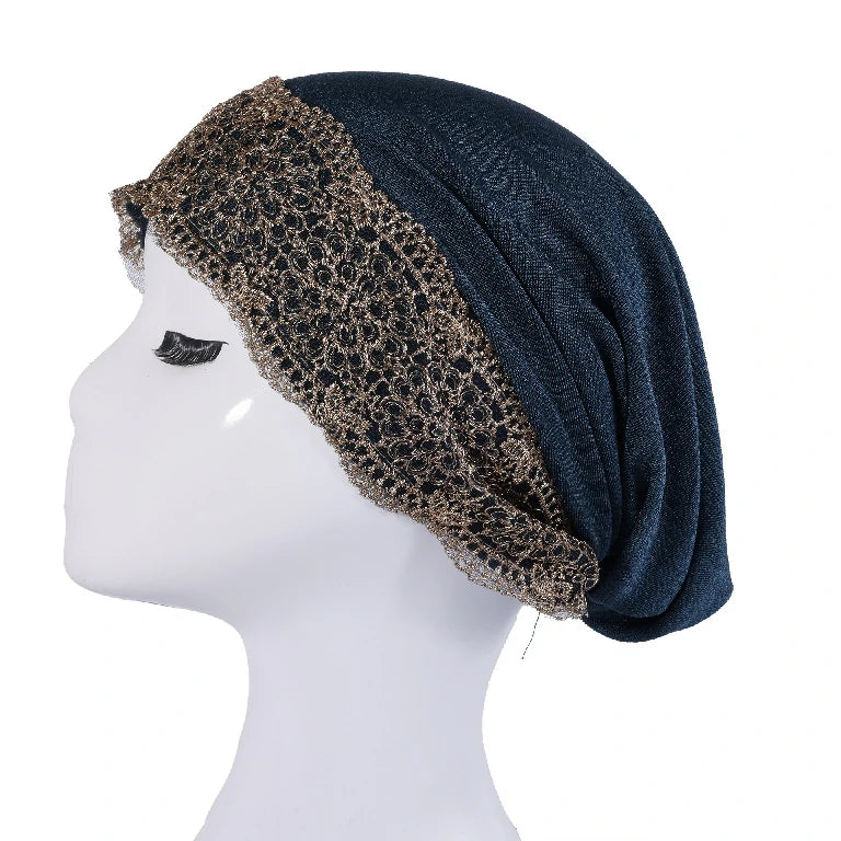 Wholesale Women's Stretchy Lace Trim Turban Hat with Gold Metallic Floral Lace