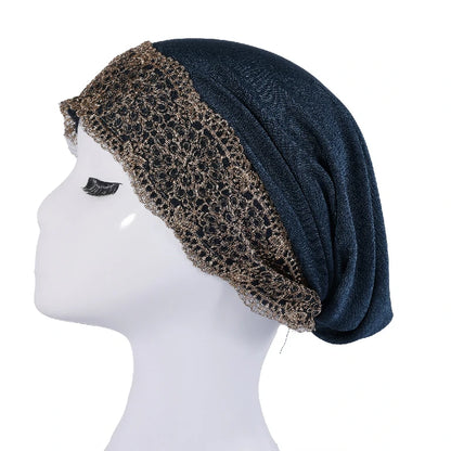 Wholesale Women's Stretchy Lace Trim Turban Hat with Gold Metallic Floral Lace