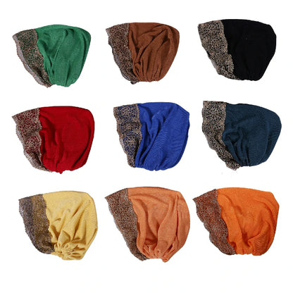 Wholesale Women's Stretchy Lace Trim Turban Hat with Gold Metallic Floral Lace