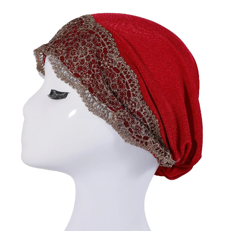 Wholesale Women's Stretchy Lace Trim Turban Hat with Gold Metallic Floral Lace