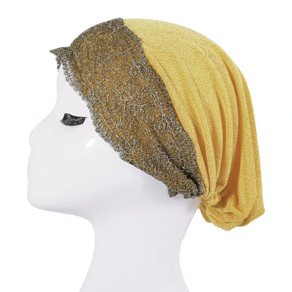 Wholesale Women's Stretchy Lace Trim Turban Hat with Gold Metallic Floral Lace