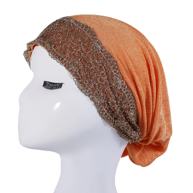 Wholesale Women's Stretchy Lace Trim Turban Hat with Gold Metallic Floral Lace