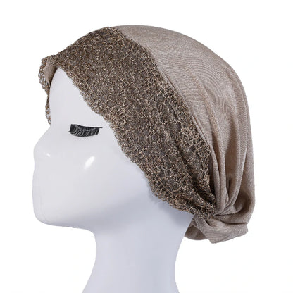 Wholesale Women's Stretchy Lace Trim Turban Hat with Gold Metallic Floral Lace