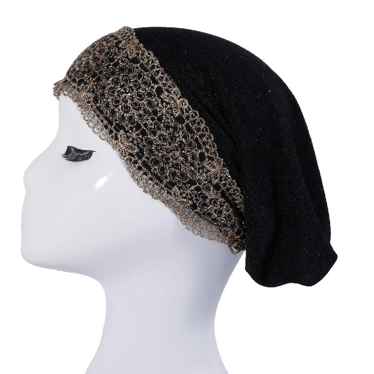 Wholesale Women's Stretchy Lace Trim Turban Hat with Gold Metallic Floral Lace