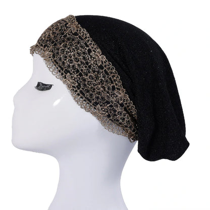 Wholesale Women's Stretchy Lace Trim Turban Hat with Gold Metallic Floral Lace