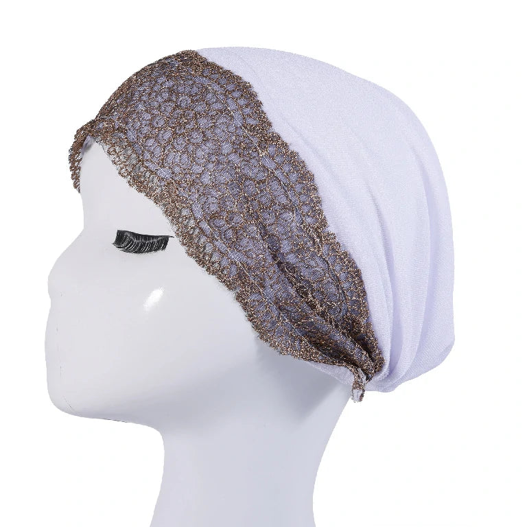 Wholesale Women's Stretchy Lace Trim Turban Hat with Gold Metallic Floral Lace
