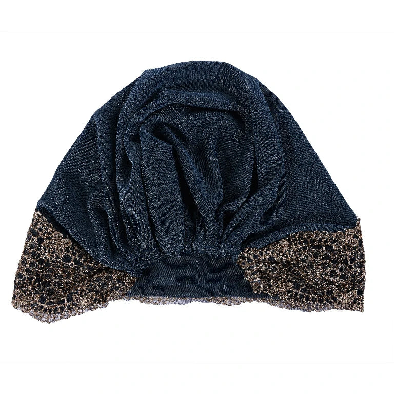 Wholesale Women's Stretchy Lace Trim Turban Hat with Gold Metallic Floral Lace
