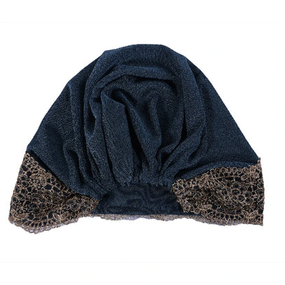 Wholesale Women's Stretchy Lace Trim Turban Hat with Gold Metallic Floral Lace