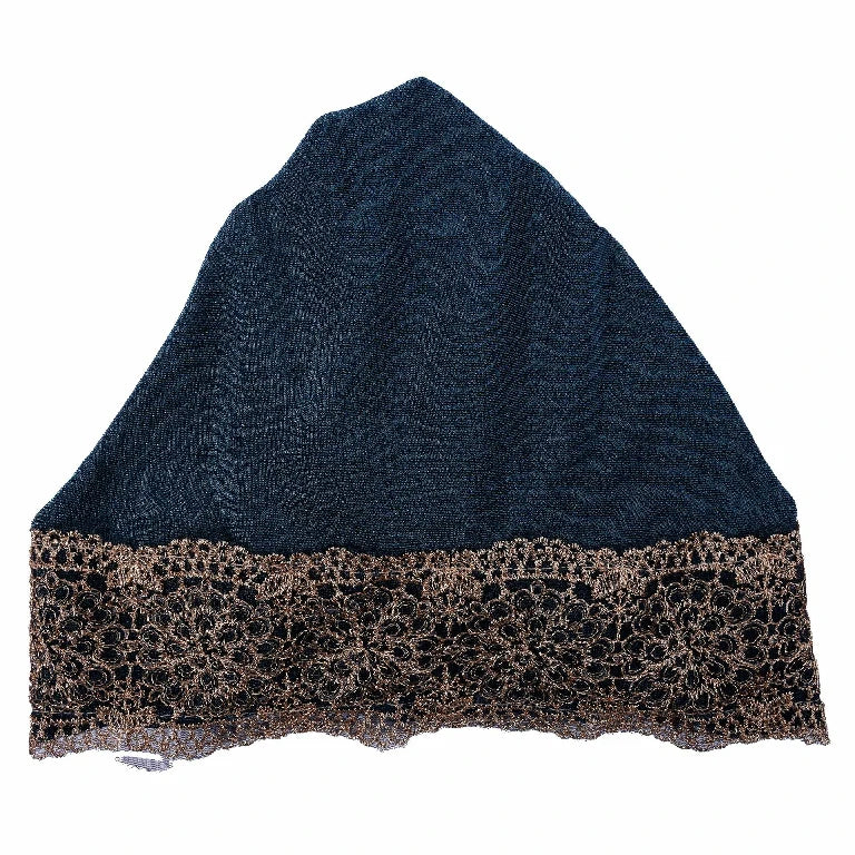 Wholesale Women's Stretchy Lace Trim Turban Hat with Gold Metallic Floral Lace