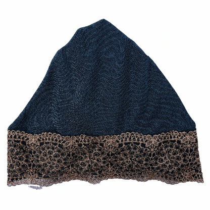 Wholesale Women's Stretchy Lace Trim Turban Hat with Gold Metallic Floral Lace