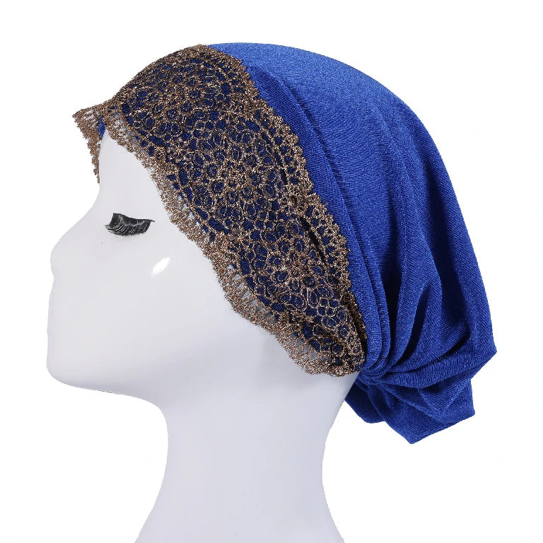 Wholesale Women's Stretchy Lace Trim Turban Hat with Gold Metallic Floral Lace