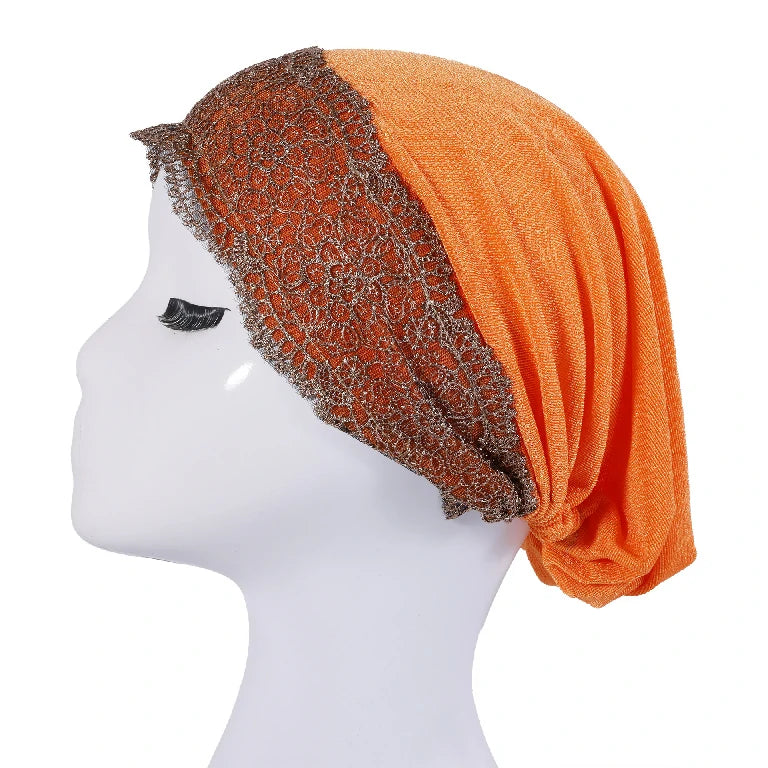 Wholesale Women's Stretchy Lace Trim Turban Hat with Gold Metallic Floral Lace
