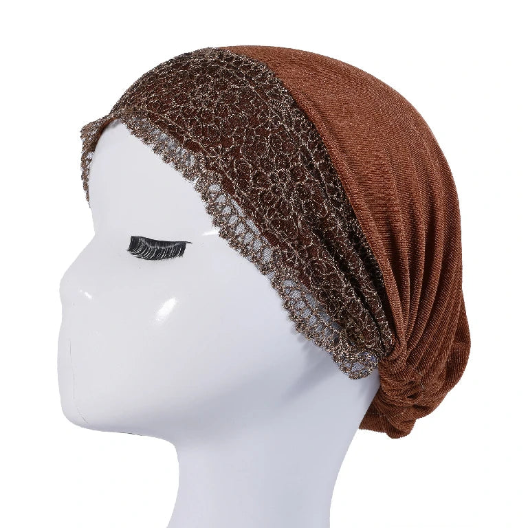 Wholesale Women's Stretchy Lace Trim Turban Hat with Gold Metallic Floral Lace