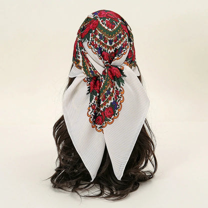 Red embroidered white headscarf