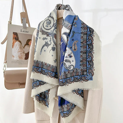 White and blue paisley shawl