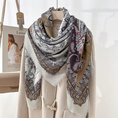 White and brown cashew flower patterned shawl