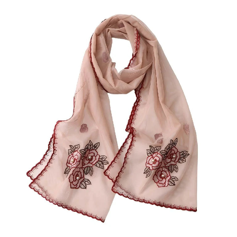 Wholesale Elegant Floral Embroidered Sheer Mesh Scarf with Pearls
