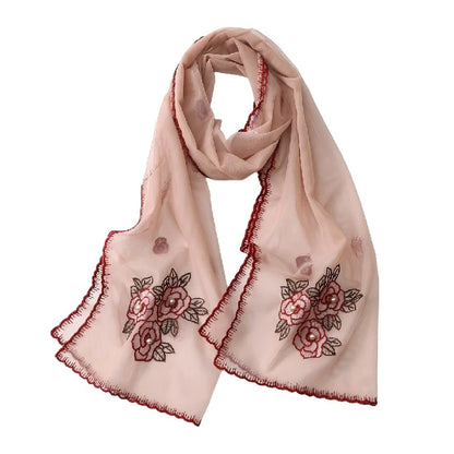 Wholesale Elegant Floral Embroidered Sheer Mesh Scarf with Pearls