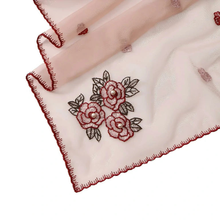Wholesale Elegant Floral Embroidered Sheer Mesh Scarf with Pearls