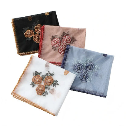 Wholesale Elegant Floral Embroidered Sheer Mesh Scarf with Pearls