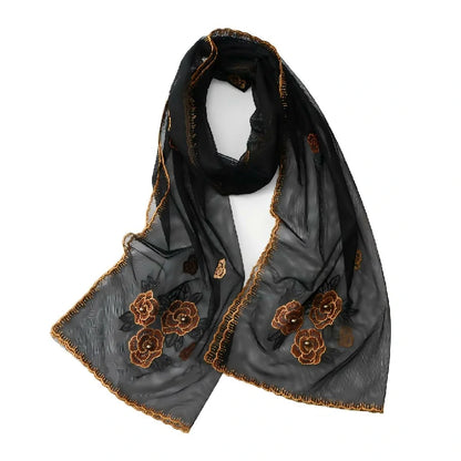 Wholesale Elegant Floral Embroidered Sheer Mesh Scarf with Pearls